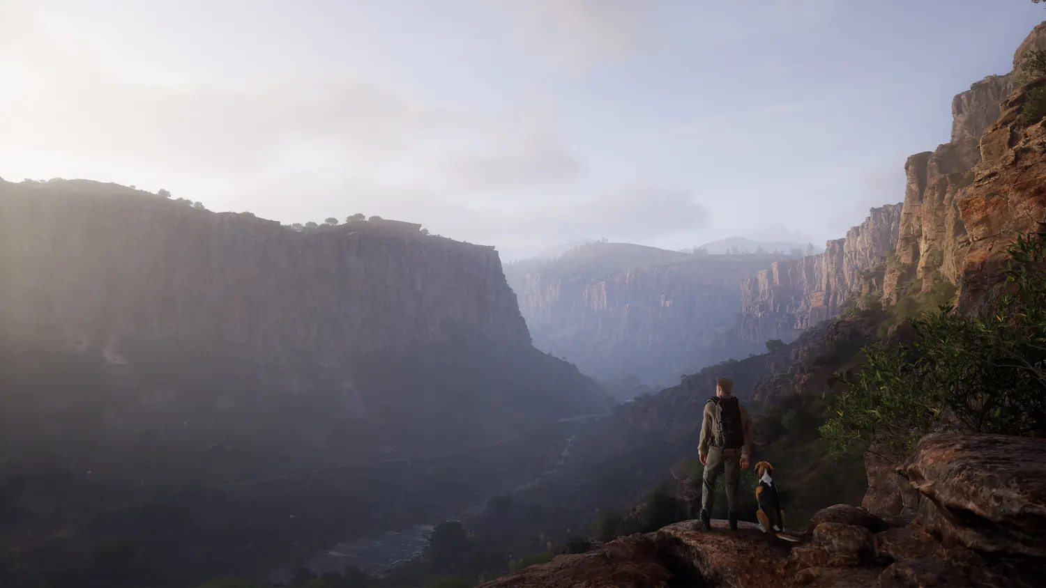 Hunter and dog looking across a deep African canyon in Kilimaya Reserve